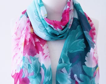 Peony Scarves Blue Floral Scarf Navy Turquoise Pink Dahlia Flower Multicoloured