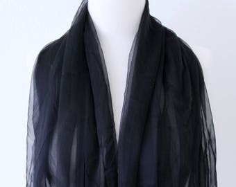 Extremely Sheer and Delicate 100% Pure Silk Scarf/Lightweight Extra Long Wrap/Ink Black Silk Scarf/Solid Color Silk Scarves