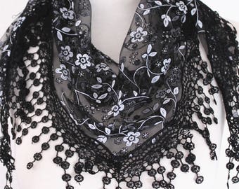 Women Lightweight Flower Lace Silk Scarf/Knit Oblong Cotton Fringe Scarf for Women/Fashion Triangle Floral Women Scarf/Black Handmade Scarf