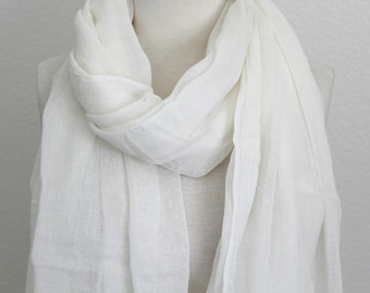 100% Pure Linen Scarf/Lightweight Gauze/Long Wrap/Ivory White Linen Scarf/Large White Shawl/Womens Mens Scarf