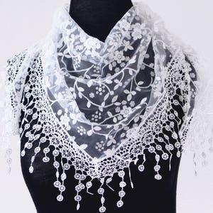 Women Lightweight Flower Lace Silk Scarf/Knit Oblong Cotton Fringe Scarf for Women/Triangle Floral Women Scarf/White Handmade Scarf