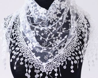 Women Lightweight Flower Lace Silk Scarf/Knit Oblong Cotton Fringe Scarf for Women/Triangle Floral Women Scarf/White Handmade Scarf