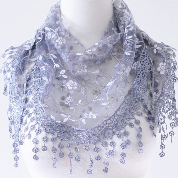 Women Lightweight Flower Lace Silk Scarf/Knit Oblong Cotton Fringe Scarf for Women/Fashion Triangle Floral Women Scarf/Gray Handmade Scarf