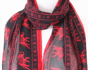 Soft Elegant Long Wrap Scarves / Elephant Print Scarf / Red and Black / Women Scarves / Accessories / Handmade