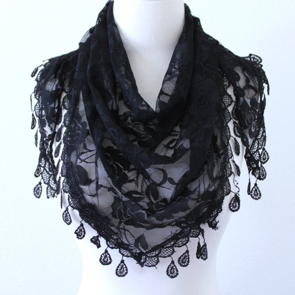 Women Lightweight Rose Flower Lace Scarf/Knit Triangle Cotton Fringe Scarf/Triangle Floral Women Scarf/Black Beach Wedding Shawl