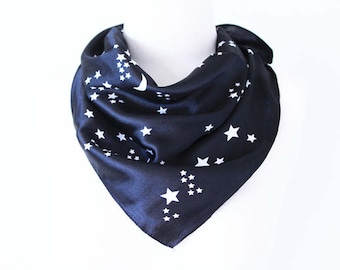 Moon and Star Square Scarves / Soft Silk Head Scarf / Scarf Headband / Black and White / Retro Vintage Wide Head Wrap / Bandanas