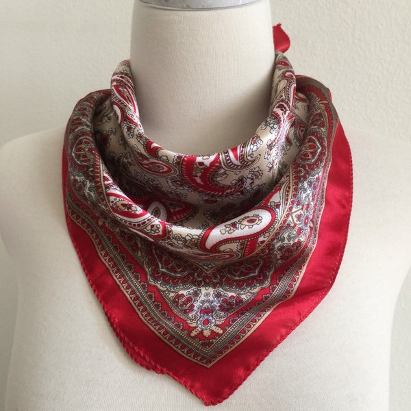 Paisley Print Square Scarves/Soft Silk Head Scarf/Scarf Headband/Red and Gold/Retro Vintage Wide Head Wrap/Bandanas