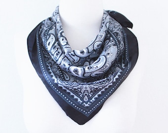 Paisley Print Square Scarves / Soft Silk Head Scarf / Scarf Headband / Black and White / Retro Vintage Wide Head Wrap / Bandanas