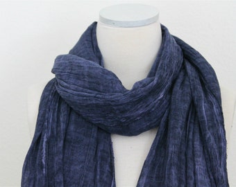 100% Pure Cotton Scarf/Lightweight Gauze/Extra Long Wrap/Navy Blue Cotton Scarf/Rustic/Large Blue Shawl/Womens Mens Scarf