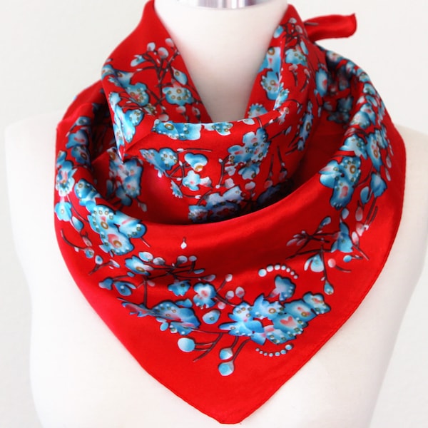 Floral Print Square Scarves / Soft Silk Head Scarf / Scarf Headband / Red and Blue / Wide Head Wrap / Bandanas