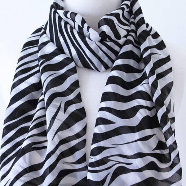 Soft Chiffon Poly Long Wrap Scarves / Black, Brown and White / Natural Zebra Print Spring Summer Scarf / Women Scarves