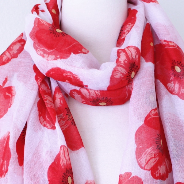 FINAL SALE//Red Poppy Flower Scarf/White and Red Flower Scarf/Red Floral Scarf/Long Scarf/Large Wrap/Lightweight Women Scarf
