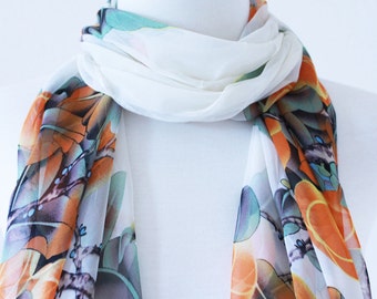 Soft Chiffon Long Wrap Scarves / Apricot Yellow and Aquamarine/ Floral / Bird / Spring Summer Scarf / Women Scarves