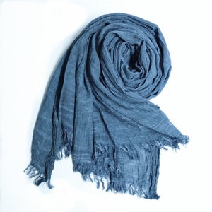 100% Pure Cotton Scarf/Lightweight Gauze/Extra Long Wrap/Ivory White Cotton Scarf/Large White Shawl/Womens Mens Scarf Blue