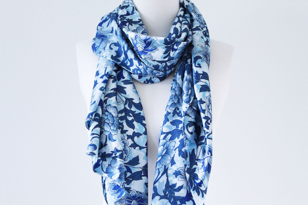 Soft Elegant Long Wrap Scarves/blue Porcelain Floral Print Scarf/spring ...