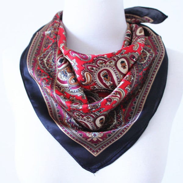 Paisley Print Square Scarves / Soft Silk Head Scarf / Scarf Headband / Black and Red / Retro Vintage Wide Head Wrap / Bandanas