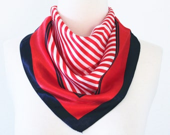 Nautical Striped Square Scarves / Soft Silk Head Scarf / Scarf Headband / Red, White and Blue / Retro Vintage Wide Head Wrap / Bandanas