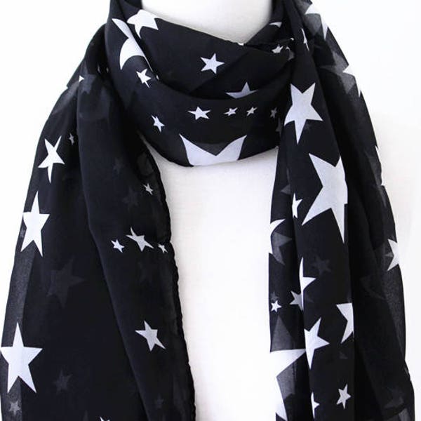 FINAL SALE//Soft Elegant Long Wrap Scarves / Black and White / White Star Print Spring Summer Scarf / Women Scarves