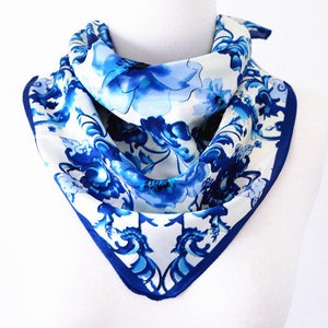 Porcelain Floral Print Square Scarves / Soft Silk Head Scarf / Scarf Headband / Blue and White / Wide Head Wrap / Bandanas image 1