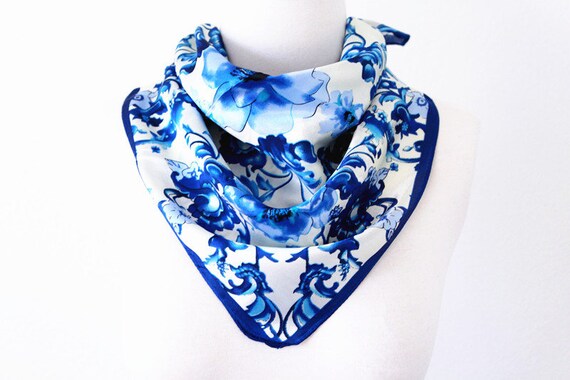 Porcelain Floral Print Square Scarves / Soft Silk Head Scarf / - Etsy