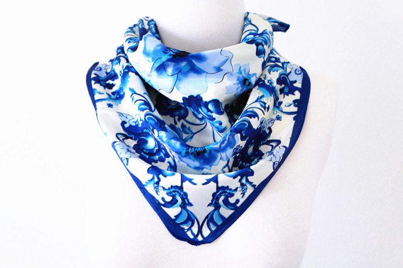Porcelain Floral Print Square Scarves / Soft Silk Head Scarf / Scarf Headband / Blue and White / Wide Head Wrap / Bandanas image 1