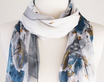 Soft Chiffon Poly Long Wrap Scarves/Grey, Blue and Yellow Floral Wrap/Ink Flower Scarf/Green Pink Floral Scarf/Spring Summer Scarf