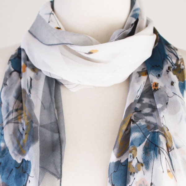 Soft Chiffon Poly Long Wrap Scarves/Grey, Blue and Yellow Floral Wrap/Ink Flower Scarf/Green Pink Floral Scarf/Spring Summer Scarf