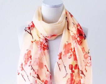 Soft Lightweight Long Wrap Scarves/Chiffon Poly Floral Scarf/Ink Painting Sakura Flower/Peony Leaf Women Scarves/Wedding Wrap