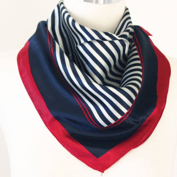 Nautical Striped Square Scarves / Soft Silk Head Scarf / Scarf Headband / Red, White and Blue / Retro Vintage Wide Head Wrap / Bandanas