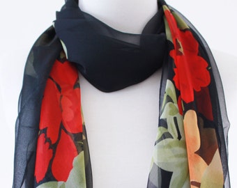 Soft Elegant Long Wrap Scarves / Black and Red / Floral / Spring Summer Scarf / Women Scarves / Accessories / Handmade