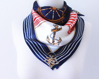 Nautical Square Scarves / Soft Silk Head Scarf / Scarf Headband / Red, White and Navy Blue / Retro Vintage Wide Head Wrap / Bandanas