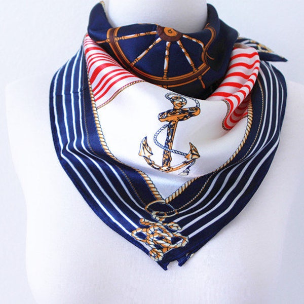 Nautical Square Scarves / Soft Silk Head Scarf / Scarf Headband / Red, White and Navy Blue / Retro Vintage Wide Head Wrap / Bandanas