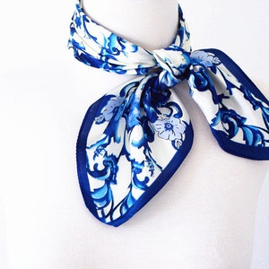 Porcelain Floral Print Square Scarves / Soft Silk Head Scarf / Scarf Headband / Blue and White / Wide Head Wrap / Bandanas image 2