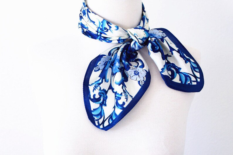 Porcelain Floral Print Square Scarves / Soft Silk Head Scarf / Scarf Headband / Blue and White / Wide Head Wrap / Bandanas image 2