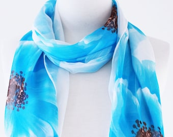 FINAL SALE*//Soft Elegant Long Wrap Scarves / White and Aqua Blue / Floral / Spring Summer Scarf / Women Scarves / Accessories / Handmade