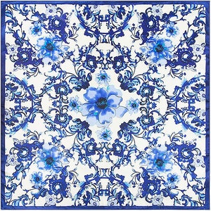 Porcelain Floral Print Square Scarves / Soft Silk Head Scarf / Scarf Headband / Blue and White / Wide Head Wrap / Bandanas image 3
