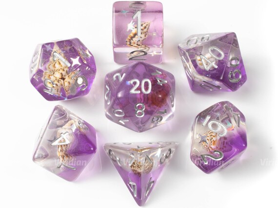 Orchid Shores | Sea Shell | Purple, Real Conch Shell Inside Resin Dice Set (7) | Dungeons and Dragons (DnD)