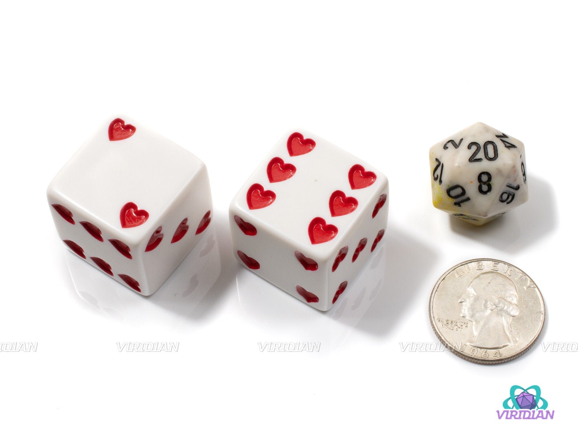 NEW 2 Red Sweetheart Dice Jumbo 25mm 1 inch D6 with White Hearts Pair Valentine 