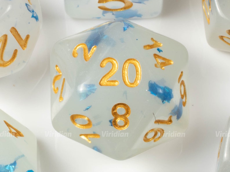 Knight Artorias Translucent and Blue Speckled Acrylic Dice Set DnD 7 | Dungeons and Dragons White
