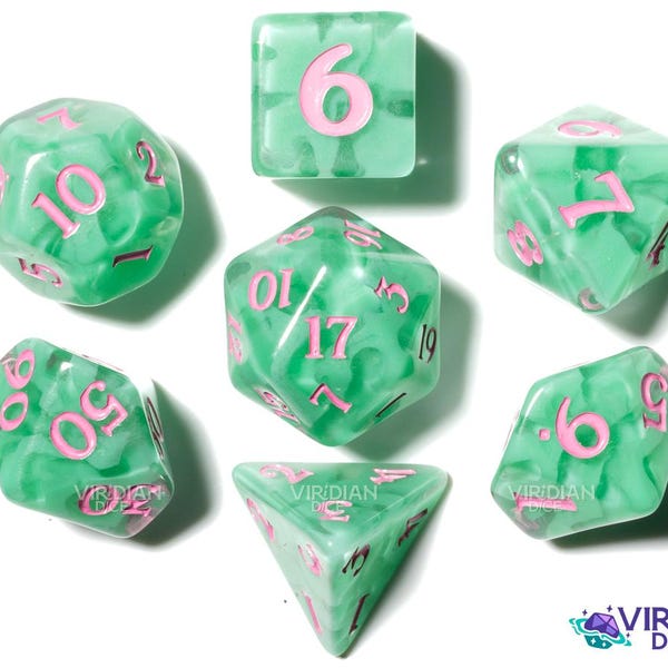 Rose Riot | Botanicals: Green & Pink | Resin Polyhedral Dice Set (7)