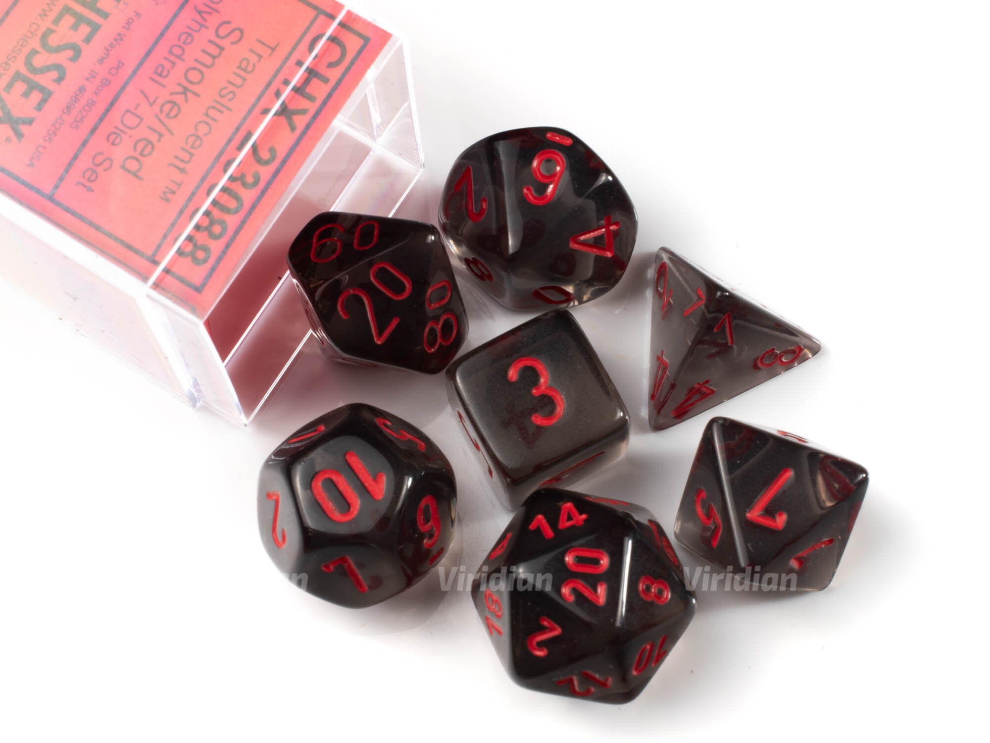 CHESSEX TRANSLUCENT DICE 7 DIE SET SMOKE WITH RED D20..
