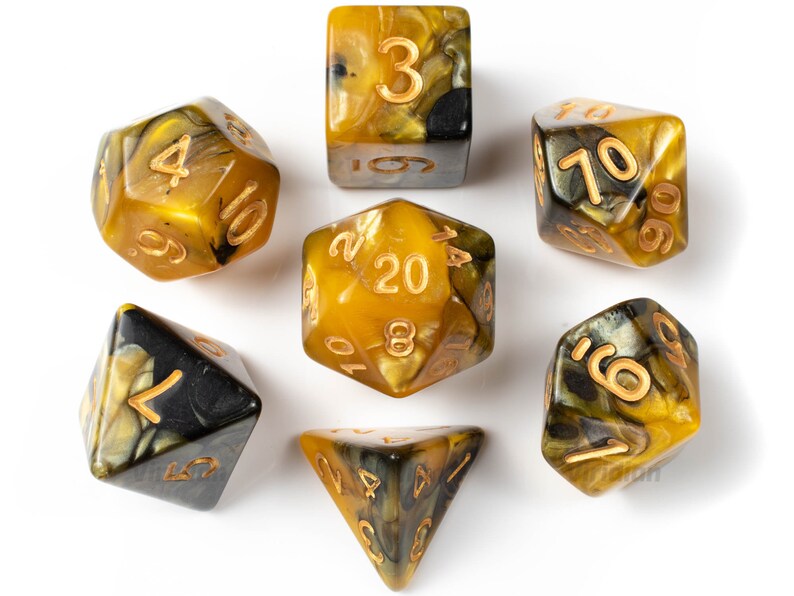 Honeycomb | Dungeons and Dragons 7 Yellow /& Black Swirled Acrylic Dice Set DnD