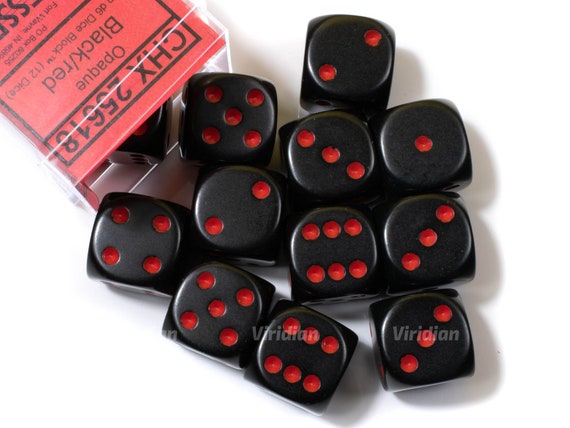 12 Opaque Black w/ Red d6 Dice Block Chessex 16mm CHX 25618 