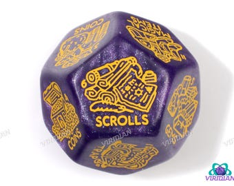 May include: Purple and gold d20 dice with different symbols on each side. The symbols include "Coins", "Scrolls", "Gems", "Magical Items", "Traps", and "Monsters".