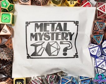 May include: A white bag with the text "METAL MYSTERY?" printed on it. The bag is surrounded by various metal dice with different colors and numbers.