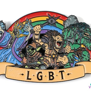 May include: A rainbow enamel pin featuring a group of fantasy characters, including a wizard, a goblin, a minotaur, and a dragon. The pin has the text "L.G.B.T." on a banner.