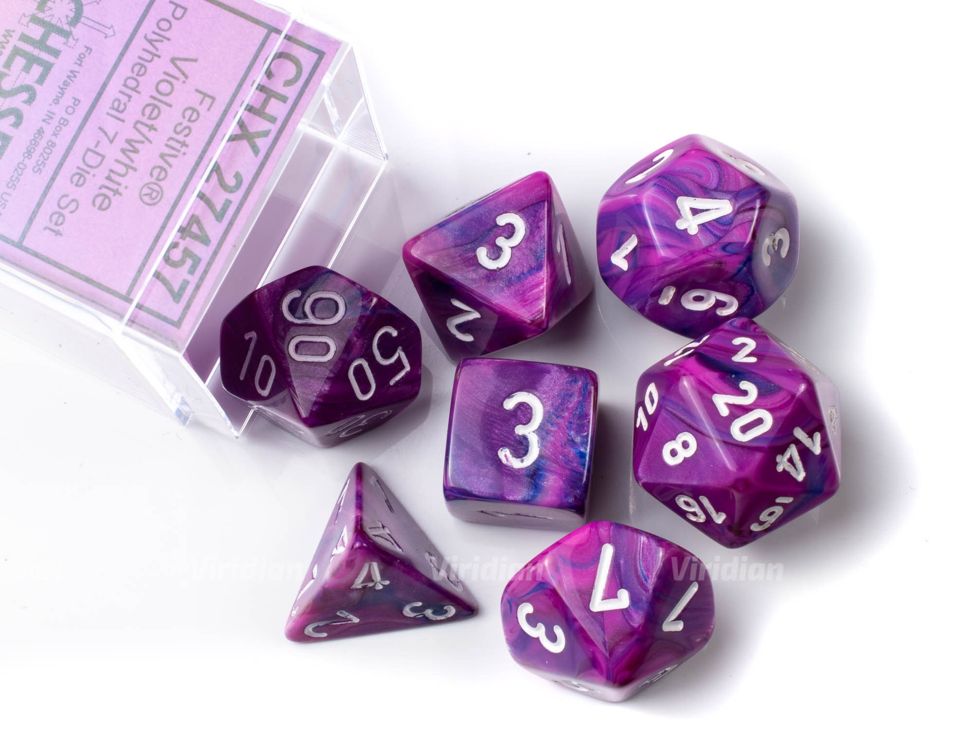 Festive Violet With White for sale online Chessex 16mm 7 Die Polyhedral Dice Set