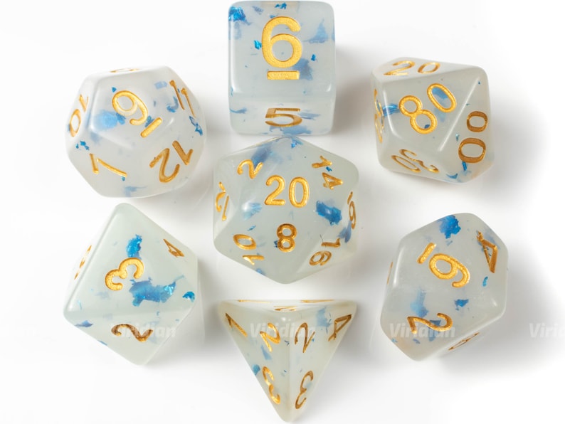 Knight Artorias Translucent and Blue Speckled Acrylic Dice Set DnD 7 | Dungeons and Dragons White