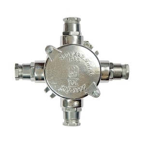 Historical Surface-Mounted Aluminum Junction Box with a High Gloss Polish, Vintage, 4-Way Round