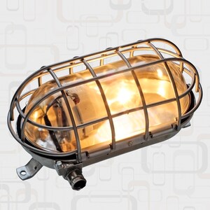 Könnte beinhalten: Eine industrielle Leuchte mit einem klaren Glasschirm und einem Metallkäfig. Das Licht ist an und die Glühbirne leuchtet.